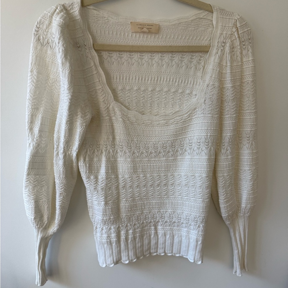 Sezane White Blouse with Square Neckline and Puff Sleeves